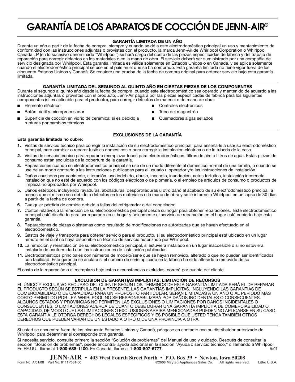 Garantía de los aparatos de cocción de jenn-air, Jenn-air | Jenn-Air JED7430 User Manual | Page 28 / 28