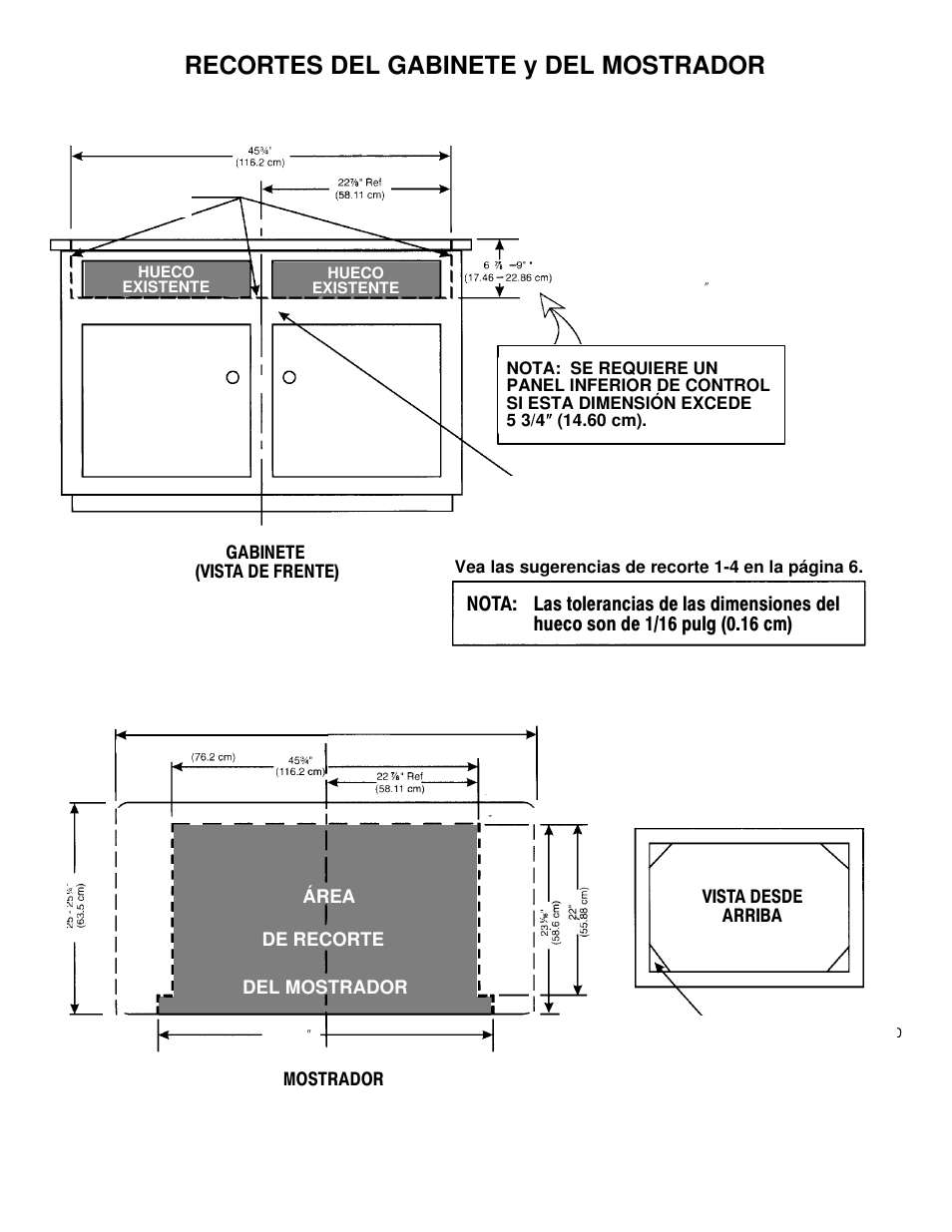 Recortes del gabinete y del mostrador, Área de recorte del mostrador, Gabinete (vista de frente) mostrador | Vista desde arriba | Jenn-Air JGD8348CDP User Manual | Page 14 / 36