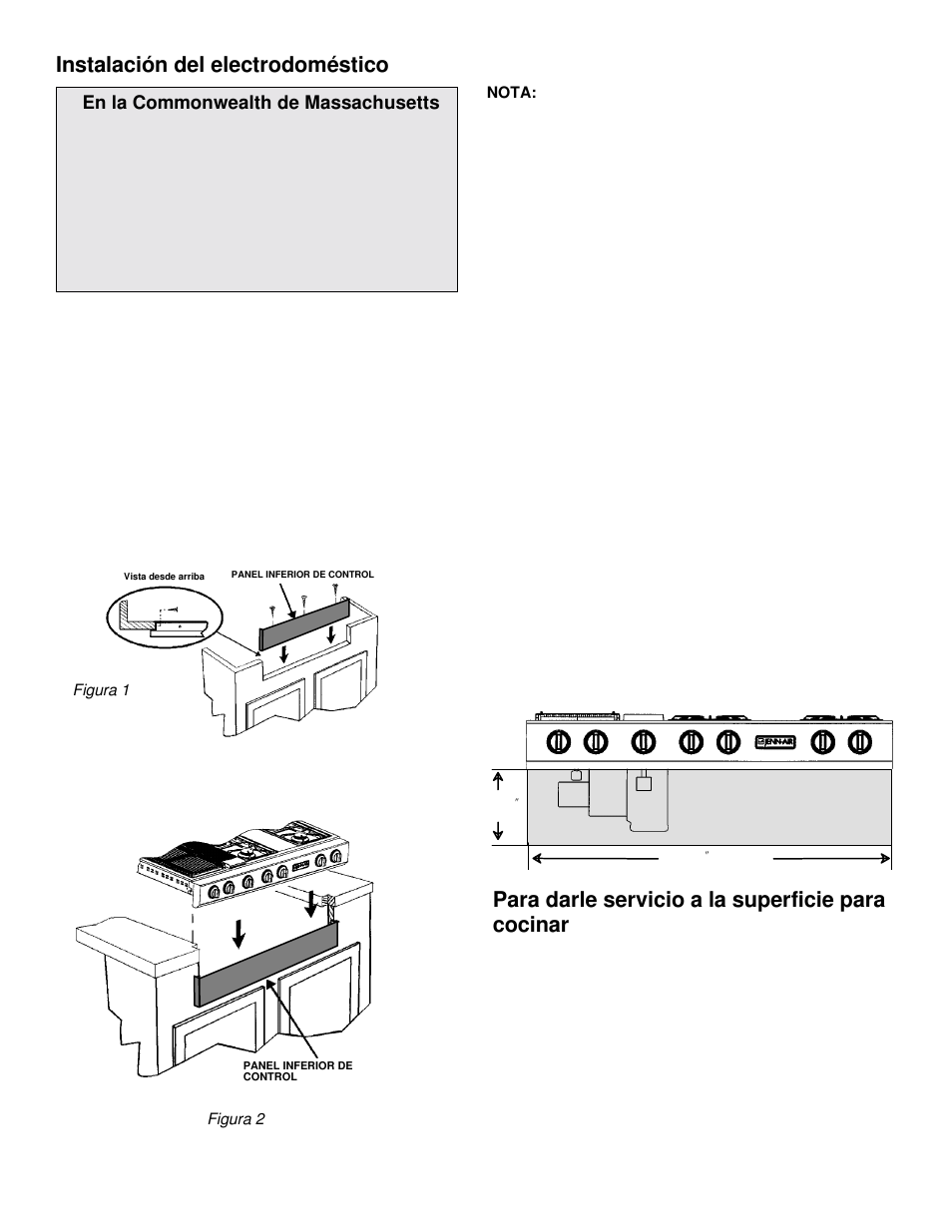 Para darle servicio a la superficie para cocinar, Instalación del electrodoméstico, En la commonwealth de massachusetts | Jenn-Air JGD8348CDP User Manual | Page 16 / 36