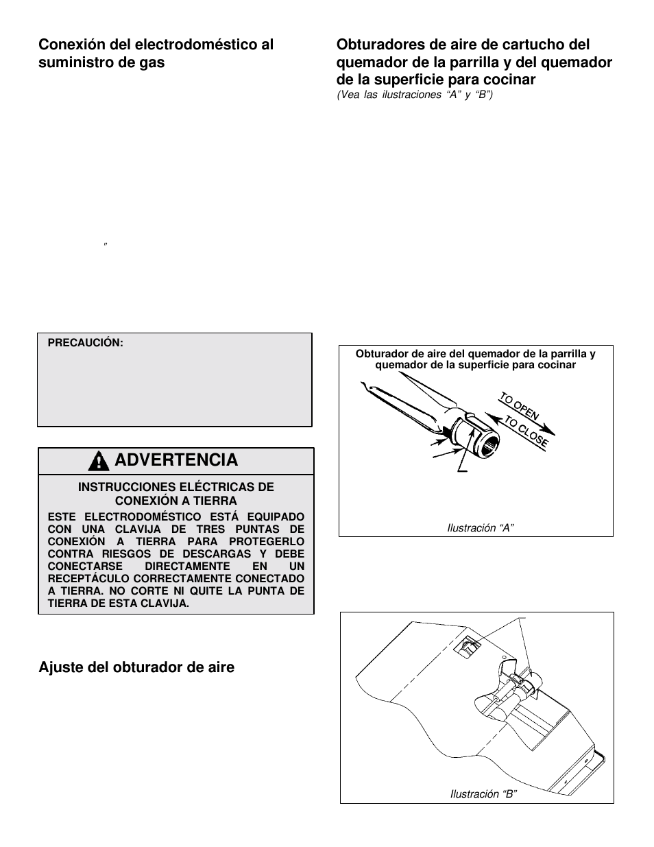 Advertencia, Conexión del electrodoméstico al suministro de gas, Ajuste del obturador de aire | Jenn-Air JGD8348CDP User Manual | Page 17 / 36