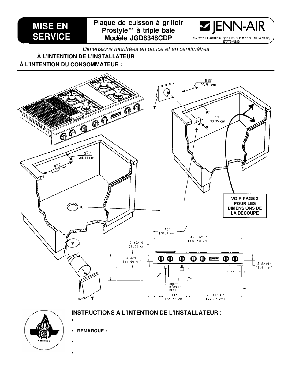 Mise en service, Dimensions montrées en pouce et en centimètres, Instructions à l’intention de l’installateur | Jenn-Air JGD8348CDP User Manual | Page 25 / 36
