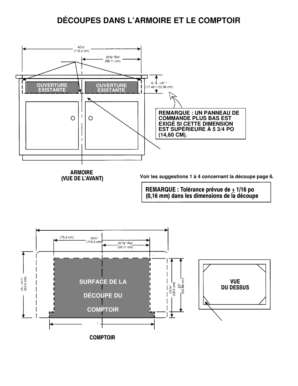 Découpes dans l’armoire et le comptoir, Surface de la découpe du comptoir, Armoire (vue de l’avant) comptoir vue du dessus | Jenn-Air JGD8348CDP User Manual | Page 26 / 36