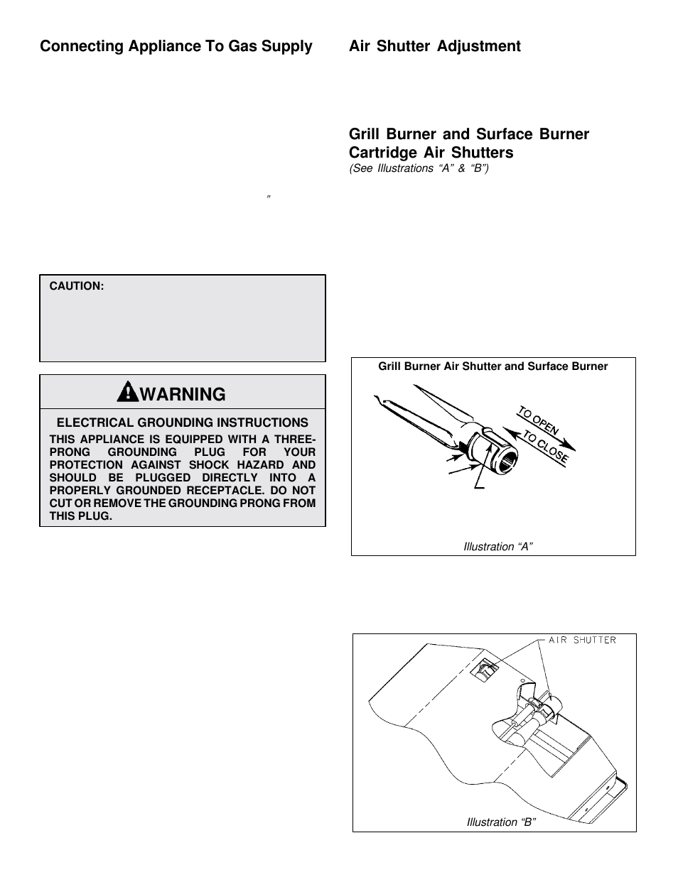 Warning, Connecting appliance to gas supply, Air shutter adjustment | Jenn-Air JGD8348CDP User Manual | Page 5 / 36