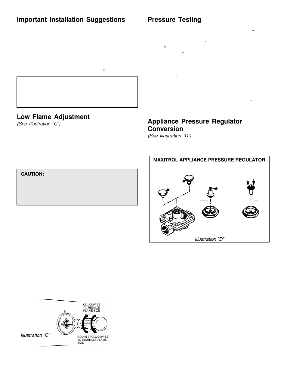 Important installation suggestions, Low flame adjustment, Pressure testing | Appliance pressure regulator conversion | Jenn-Air JGD8348CDP User Manual | Page 6 / 36