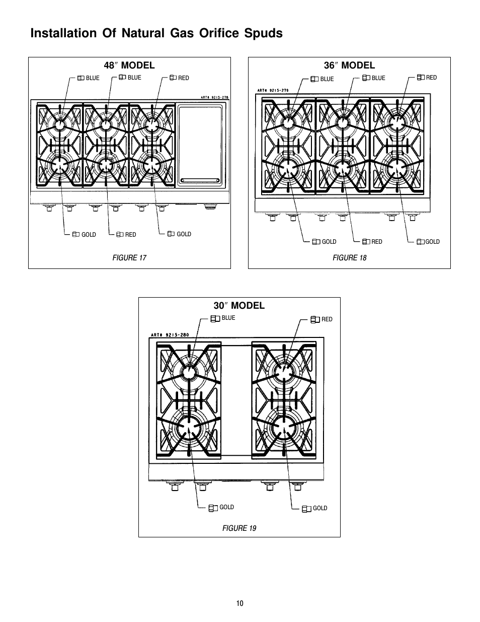 Installation of natural gas orifice spuds, 48 ² model, 36 ² model | 30 ² model | Jenn-Air JGCP430ADP User Manual | Page 10 / 36