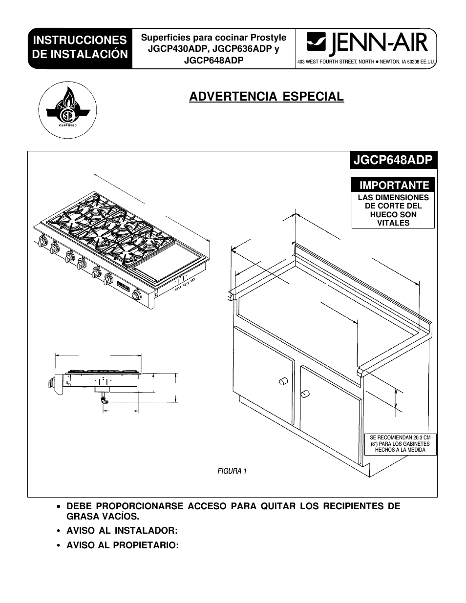 Advertencia especial, Jgcp648adp, Instrucciones de instalación | Importante | Jenn-Air JGCP430ADP User Manual | Page 13 / 36
