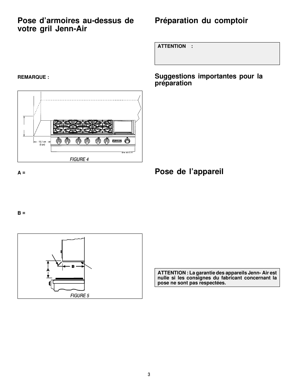 Pose d’armoires au-dessus de votre gril jenn-air, Préparation du comptoir, Pose de l’appareil | Suggestions importantes pour la préparation | Jenn-Air JGCP430ADP User Manual | Page 27 / 36