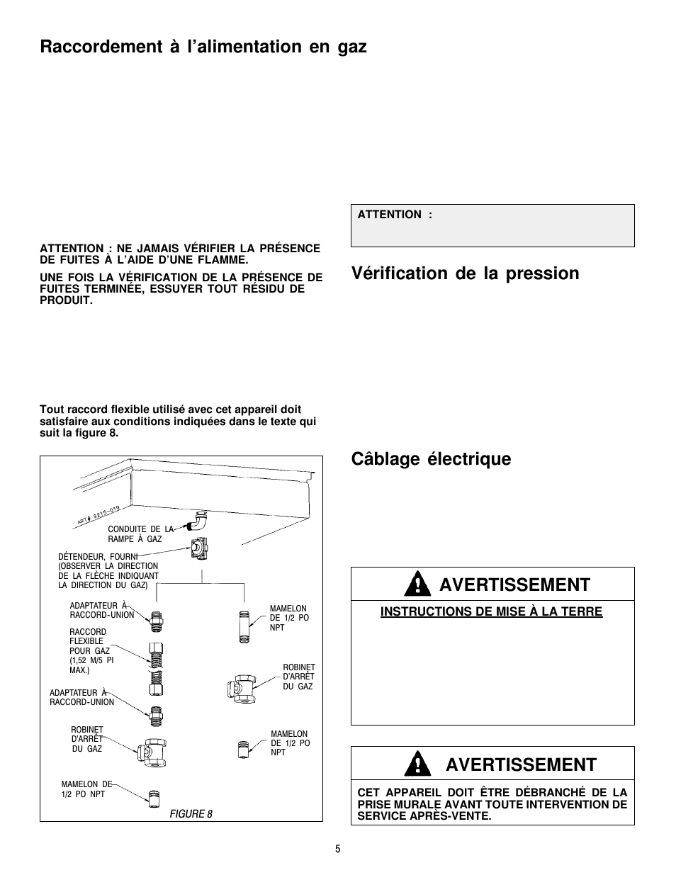 Raccordement à l’alimentation en gaz, Vérification de la pression, Câblage électrique | Avertissement | Jenn-Air JGCP430ADP User Manual | Page 29 / 36