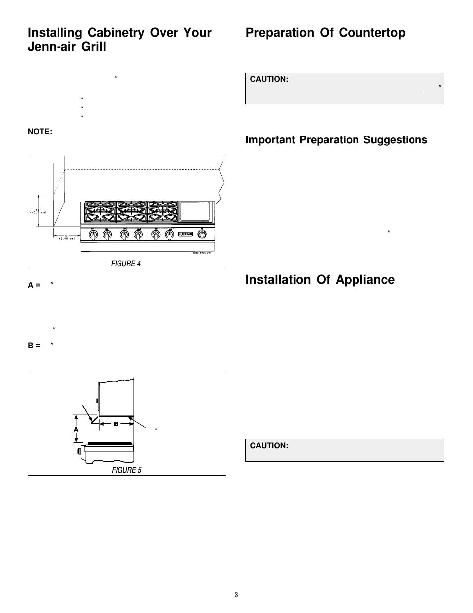 Installing cabinetry over your jenn-air grill, Preparation of countertop, Installation of appliance | Important preparation suggestions | Jenn-Air JGCP430ADP User Manual | Page 3 / 36
