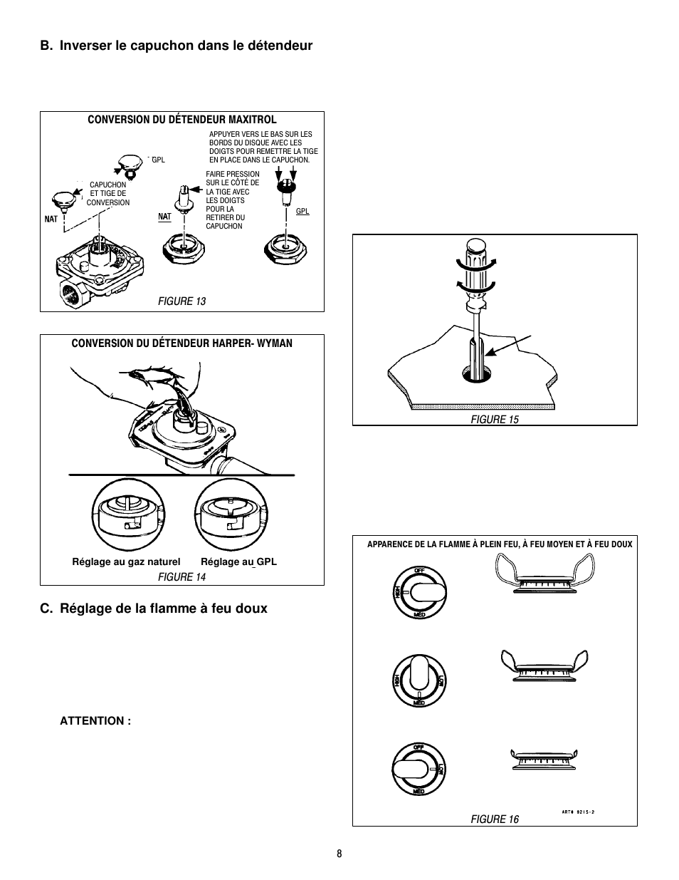 B. inverser le capuchon dans le détendeur, C. réglage de la flamme à feu doux | Jenn-Air JGCP430ADP User Manual | Page 32 / 36