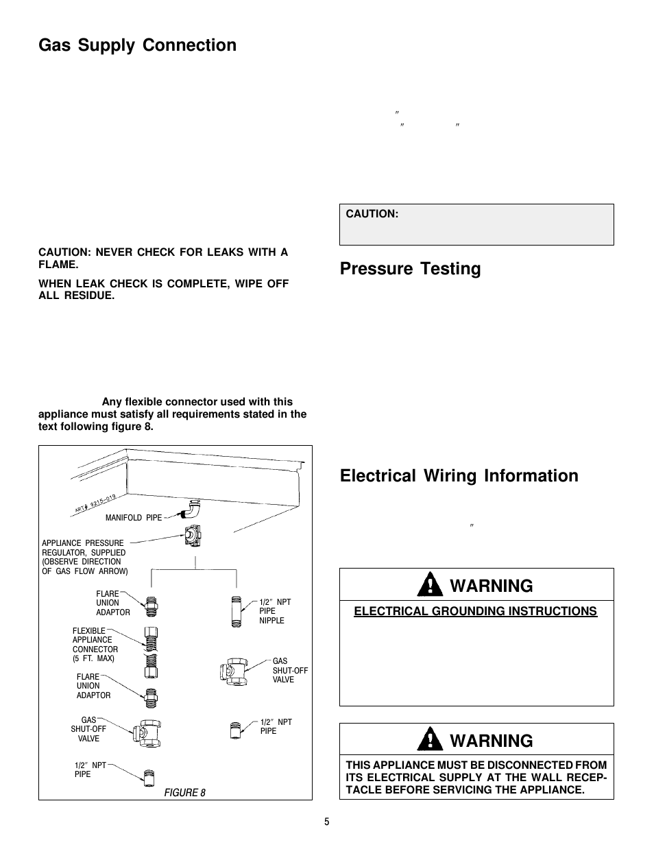 Gas supply connection, Pressure testing, Electrical wiring information | Warning | Jenn-Air JGCP430ADP User Manual | Page 5 / 36