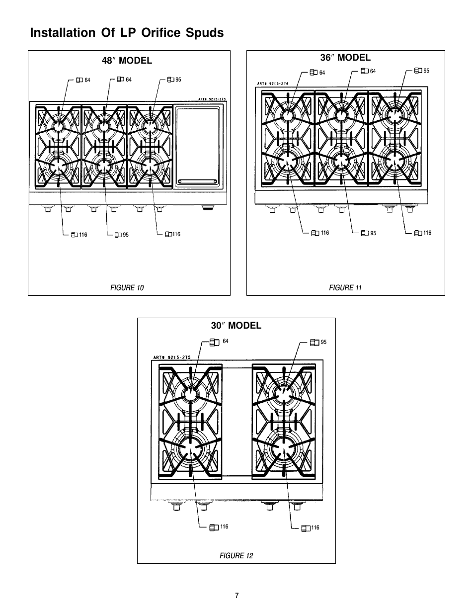 Installation of lp orifice spuds, 48 ² model, 30 ² model | 36 ² model | Jenn-Air JGCP430ADP User Manual | Page 7 / 36
