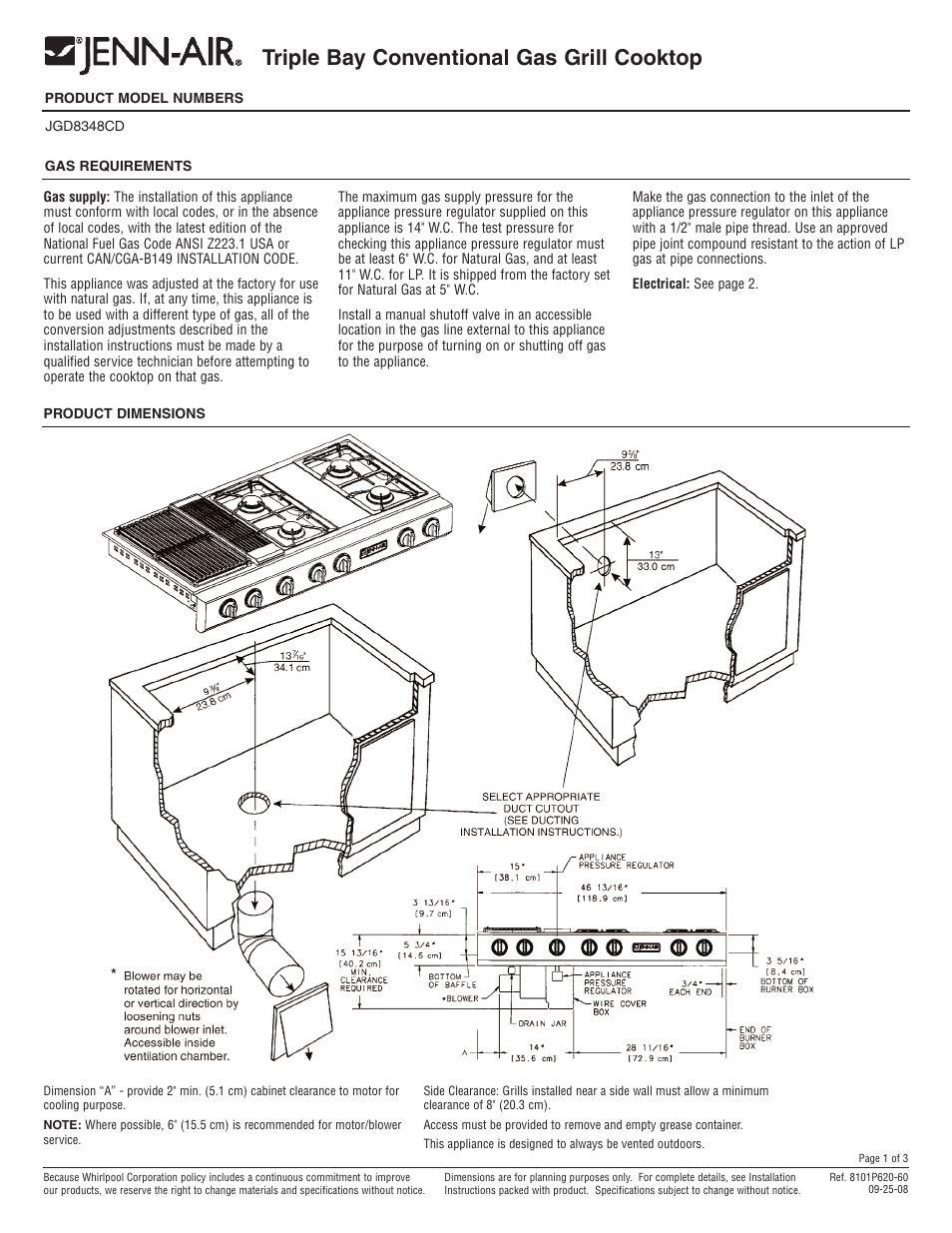 Jenn-Air Triple Bay Conventional Gas Grill Cooktop JGD8348CD User Manual | 3 pages