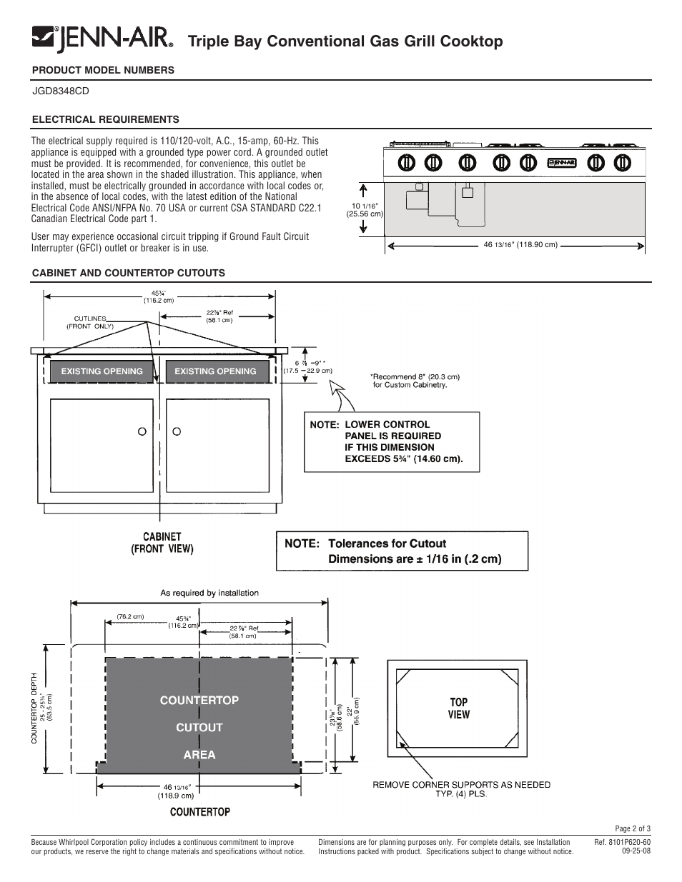 Triple bay conventional gas grill cooktop | Jenn-Air Triple Bay Conventional Gas Grill Cooktop JGD8348CD User Manual | Page 2 / 3