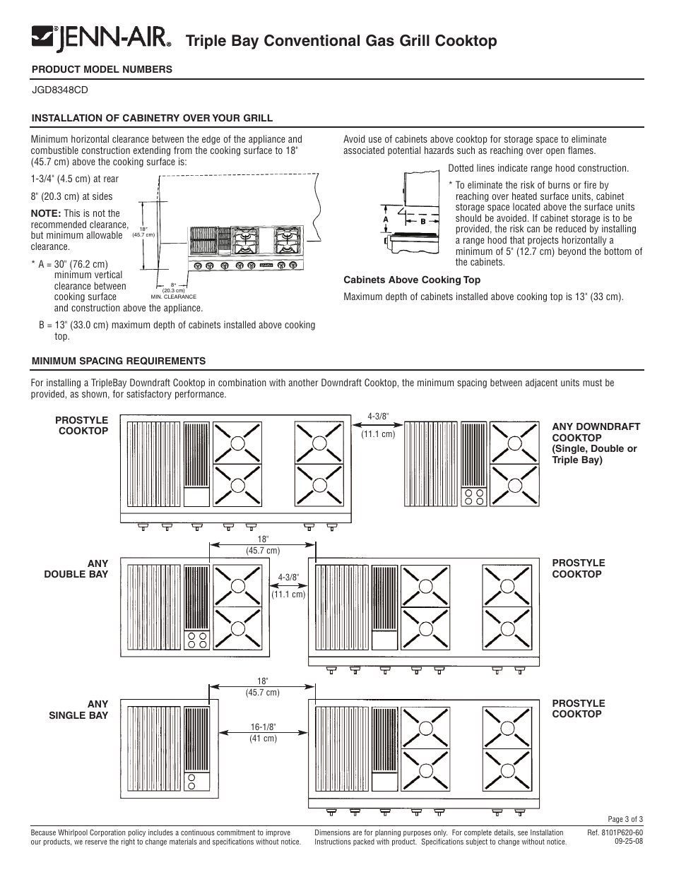 Triple bay conventional gas grill cooktop | Jenn-Air Triple Bay Conventional Gas Grill Cooktop JGD8348CD User Manual | Page 3 / 3