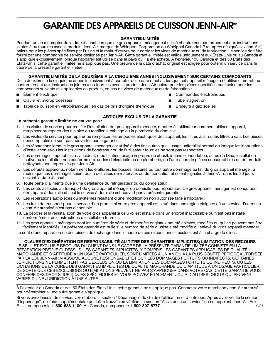 Garantie des appareils de cuisson jenn-air | Jenn-Air 8112P341-60 User Manual | Page 24 / 36