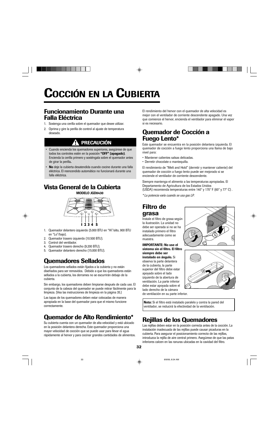 Occión, Ubierta, Quemadores sellados | Quemador de alto rendimiento, Vista general de la cubierta, Quemador de cocción a fuego lento, Filtro de grasa, Funcionamiento durante una falla eléctrica, Rejillas de los quemadores | Jenn-Air JGD8430 User Manual | Page 33 / 40