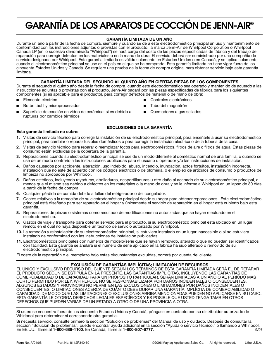 Garantía de los aparatos de cocción de jenn-air | Jenn-Air JGD8430 User Manual | Page 40 / 40