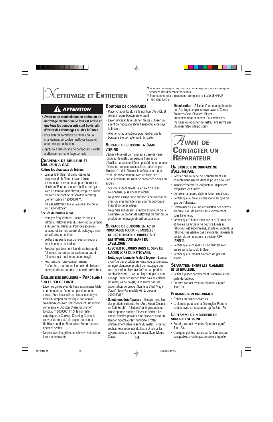 Ettoyage, Ntretien, Vant | Ontacter, Éparateur | Jenn-Air 8111P533-60 User Manual | Page 15 / 24