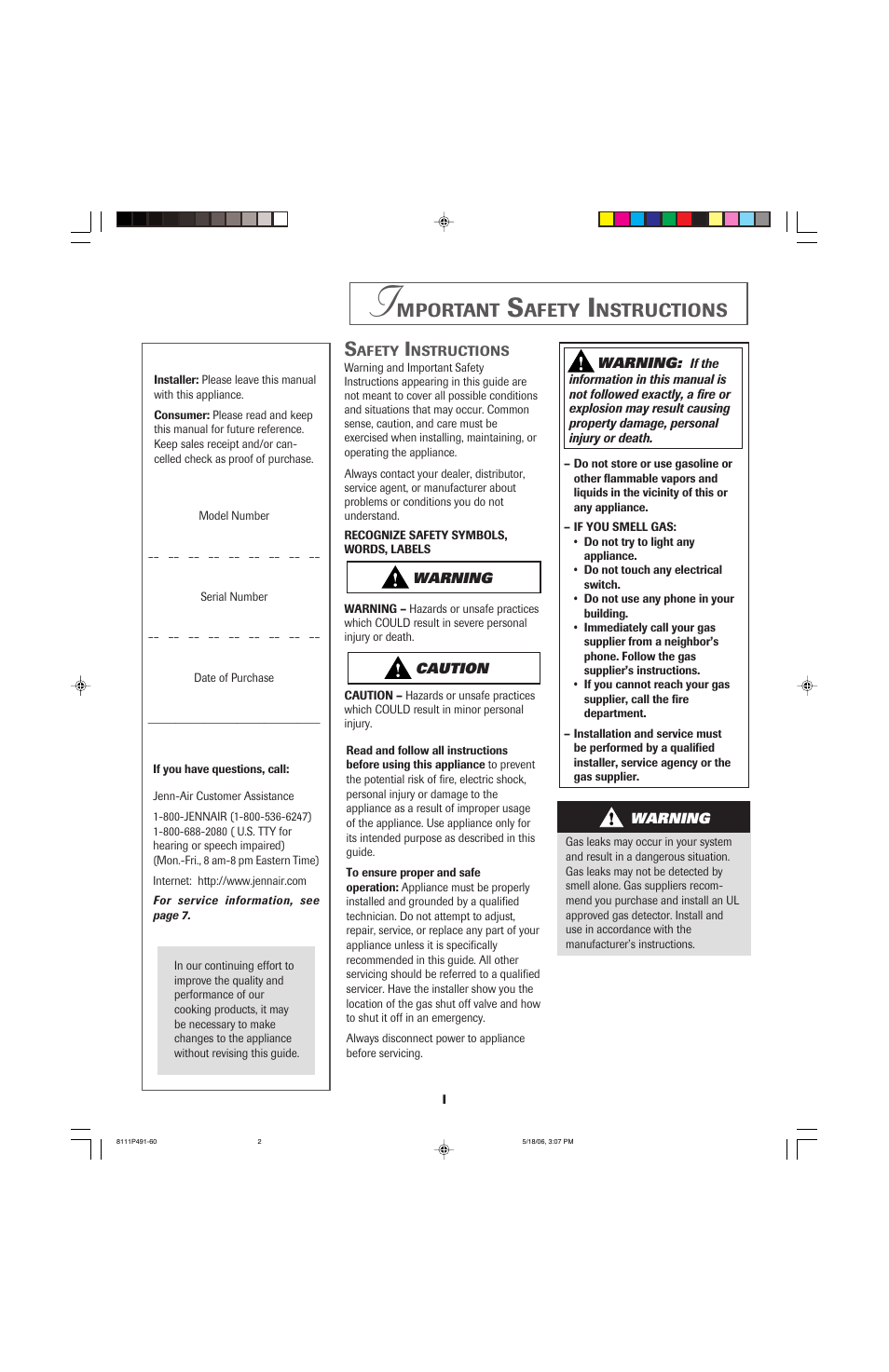 Mportant, Afety, Nstructions | Jenn-Air 8111P533-60 User Manual | Page 2 / 24