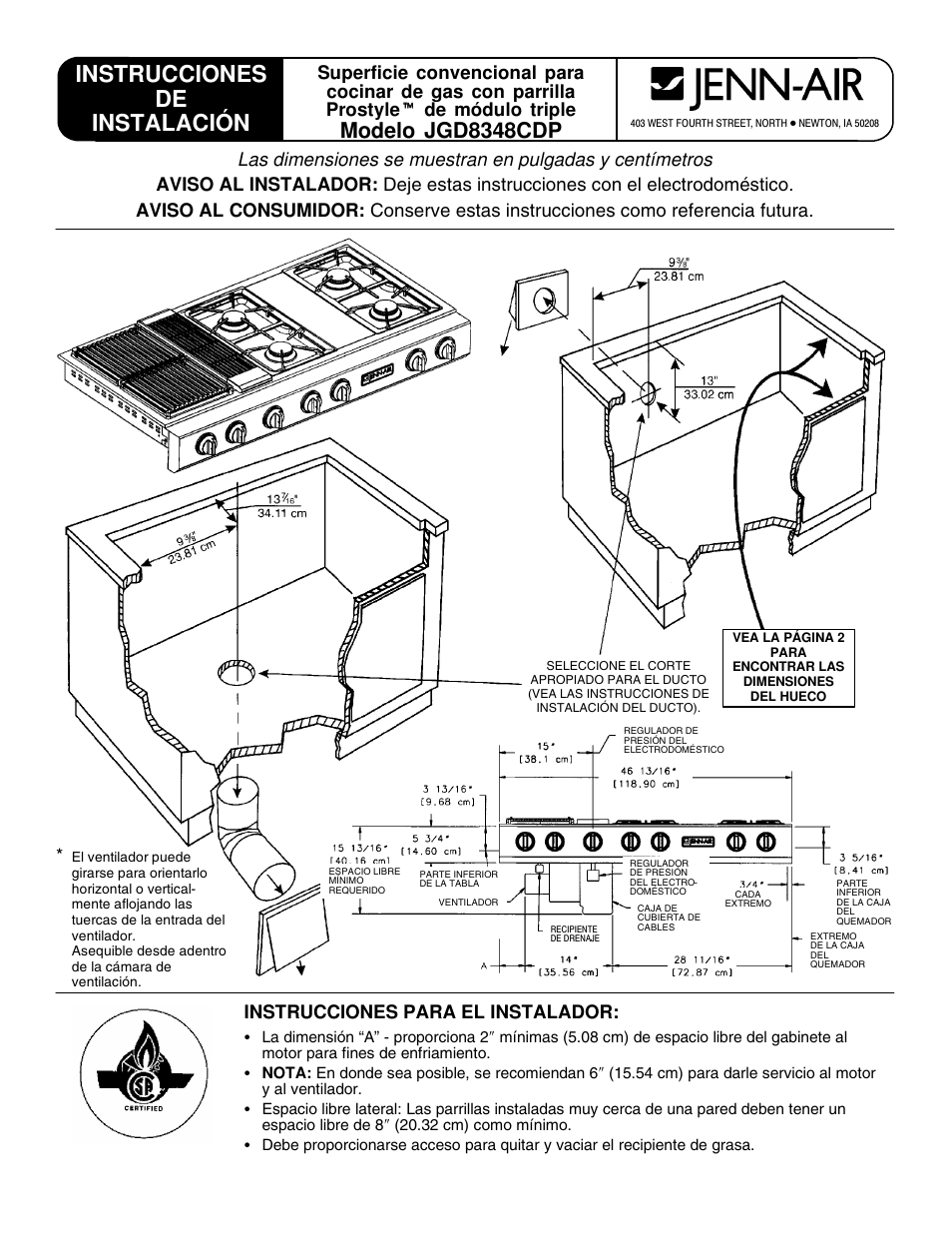 Instrucciones de instalación, Modelo jgd8348cdp, Instrucciones para el instalador | Jenn-Air PROSTYLE JGD8348CDP User Manual | Page 13 / 36