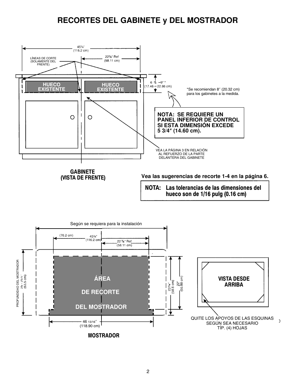 Recortes del gabinete y del mostrador, Área de recorte del mostrador, Gabinete (vista de frente) mostrador | Vista desde arriba | Jenn-Air PROSTYLE JGD8348CDP User Manual | Page 14 / 36