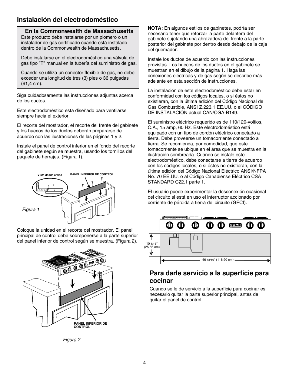 Para darle servicio a la superficie para cocinar, Instalación del electrodoméstico, En la commonwealth de massachusetts | Jenn-Air PROSTYLE JGD8348CDP User Manual | Page 16 / 36