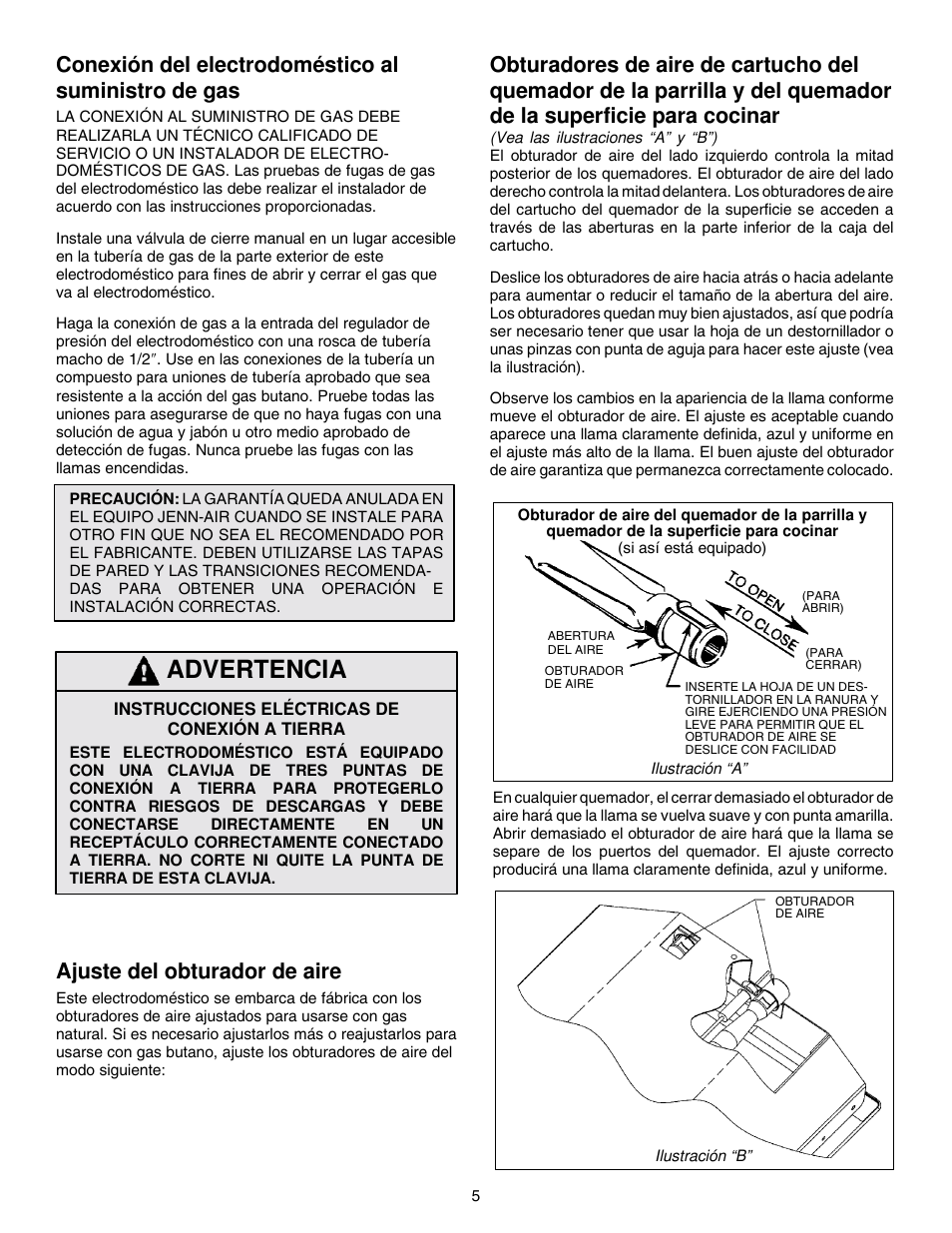 Advertencia, Conexión del electrodoméstico al suministro de gas, Ajuste del obturador de aire | Jenn-Air PROSTYLE JGD8348CDP User Manual | Page 17 / 36