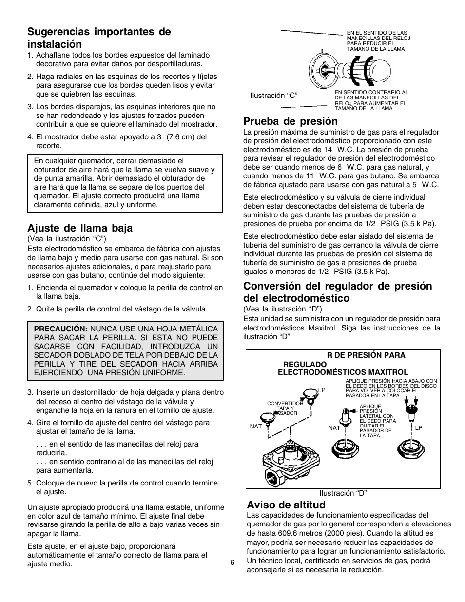 Prueba de presión, Sugerencias importantes de instalación, Ajuste de llama baja | Aviso de altitud | Jenn-Air PROSTYLE JGD8348CDP User Manual | Page 18 / 36