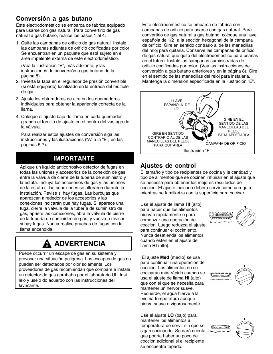 Advertencia, Ajustes de control, Conversión a gas butano | Importante | Jenn-Air PROSTYLE JGD8348CDP User Manual | Page 19 / 36