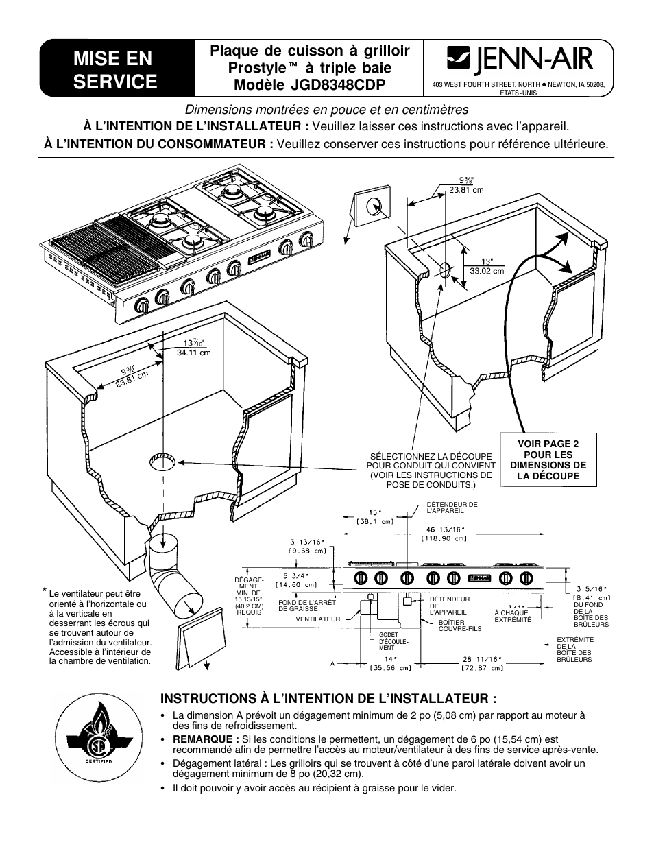 Mise en service, Dimensions montrées en pouce et en centimètres, Instructions à l’intention de l’installateur | Jenn-Air PROSTYLE JGD8348CDP User Manual | Page 25 / 36