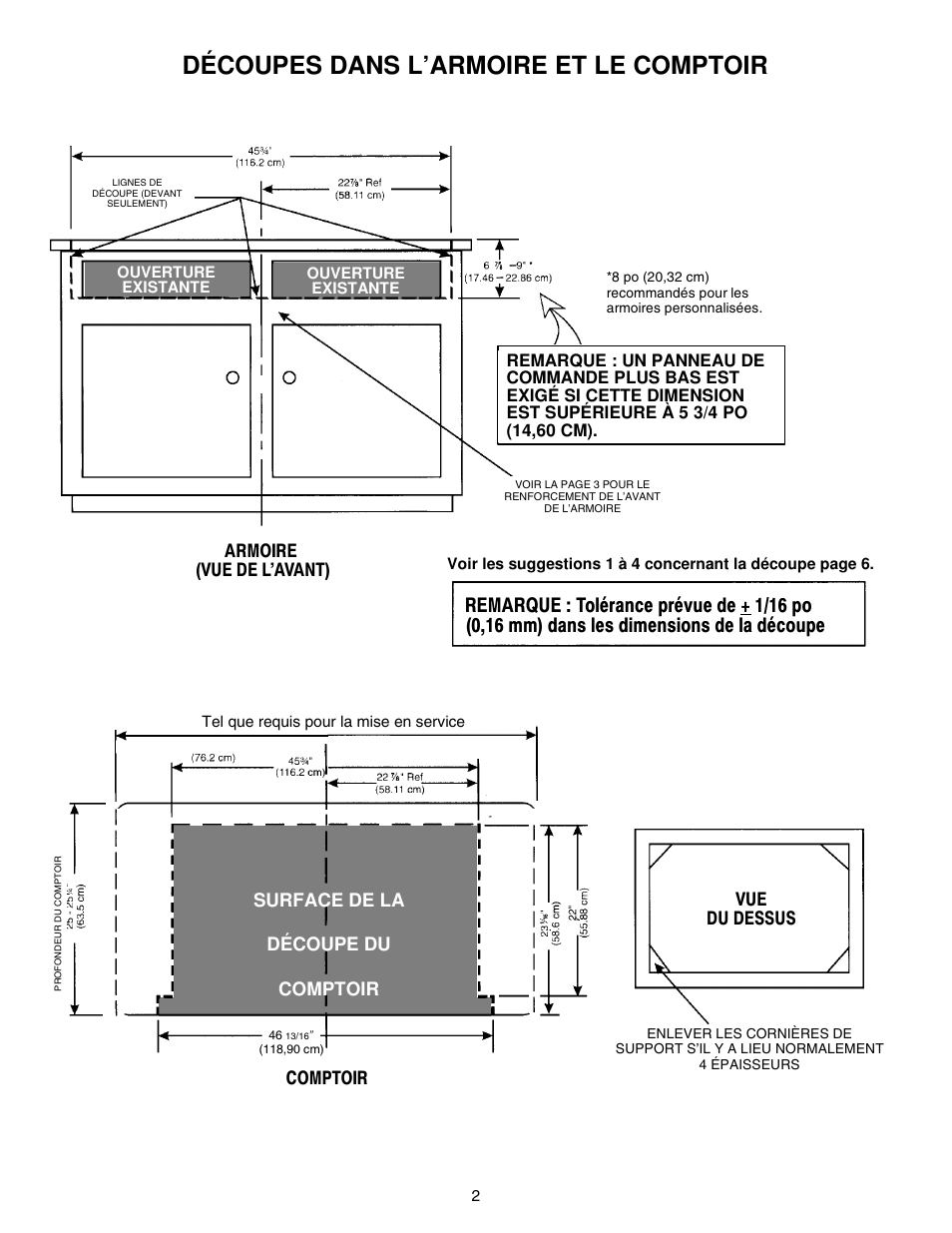 Découpes dans l’armoire et le comptoir, Surface de la découpe du comptoir, Armoire (vue de l’avant) comptoir vue du dessus | Jenn-Air PROSTYLE JGD8348CDP User Manual | Page 26 / 36