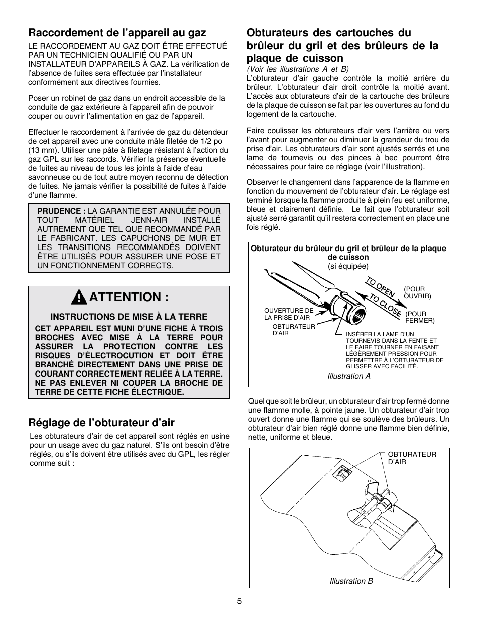 Attention, Raccordement de l’appareil au gaz, Réglage de l’obturateur d’air | Jenn-Air PROSTYLE JGD8348CDP User Manual | Page 29 / 36