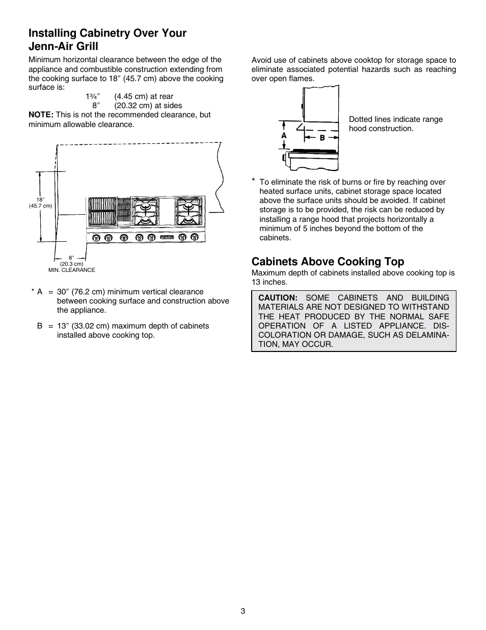 Installing cabinetry over your jenn-air grill, Cabinets above cooking top | Jenn-Air PROSTYLE JGD8348CDP User Manual | Page 3 / 36