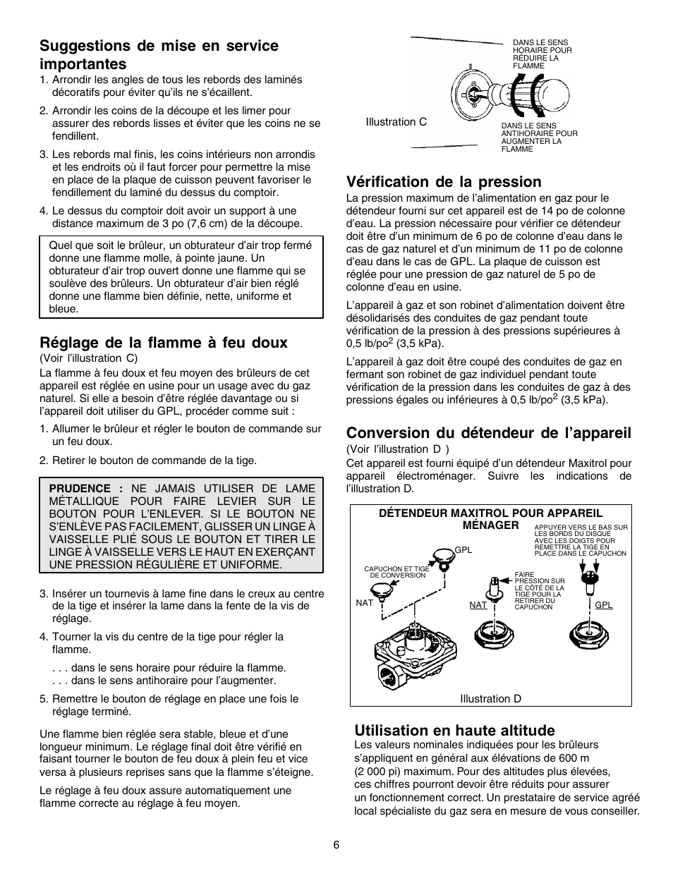 Suggestions de mise en service importantes, Réglage de la flamme à feu doux, Vérification de la pression | Conversion du détendeur de l’appareil, Utilisation en haute altitude | Jenn-Air PROSTYLE JGD8348CDP User Manual | Page 30 / 36