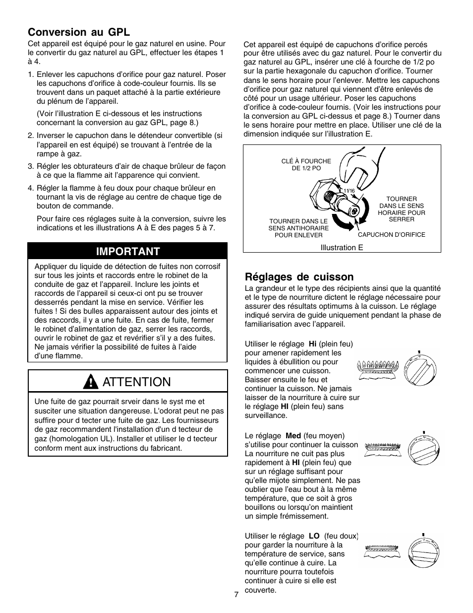 Attention, Conversion au gpl, Important | Réglages de cuisson | Jenn-Air PROSTYLE JGD8348CDP User Manual | Page 31 / 36