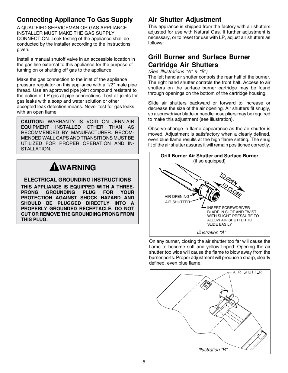 Warning, Connecting appliance to gas supply, Air shutter adjustment | Jenn-Air PROSTYLE JGD8348CDP User Manual | Page 5 / 36