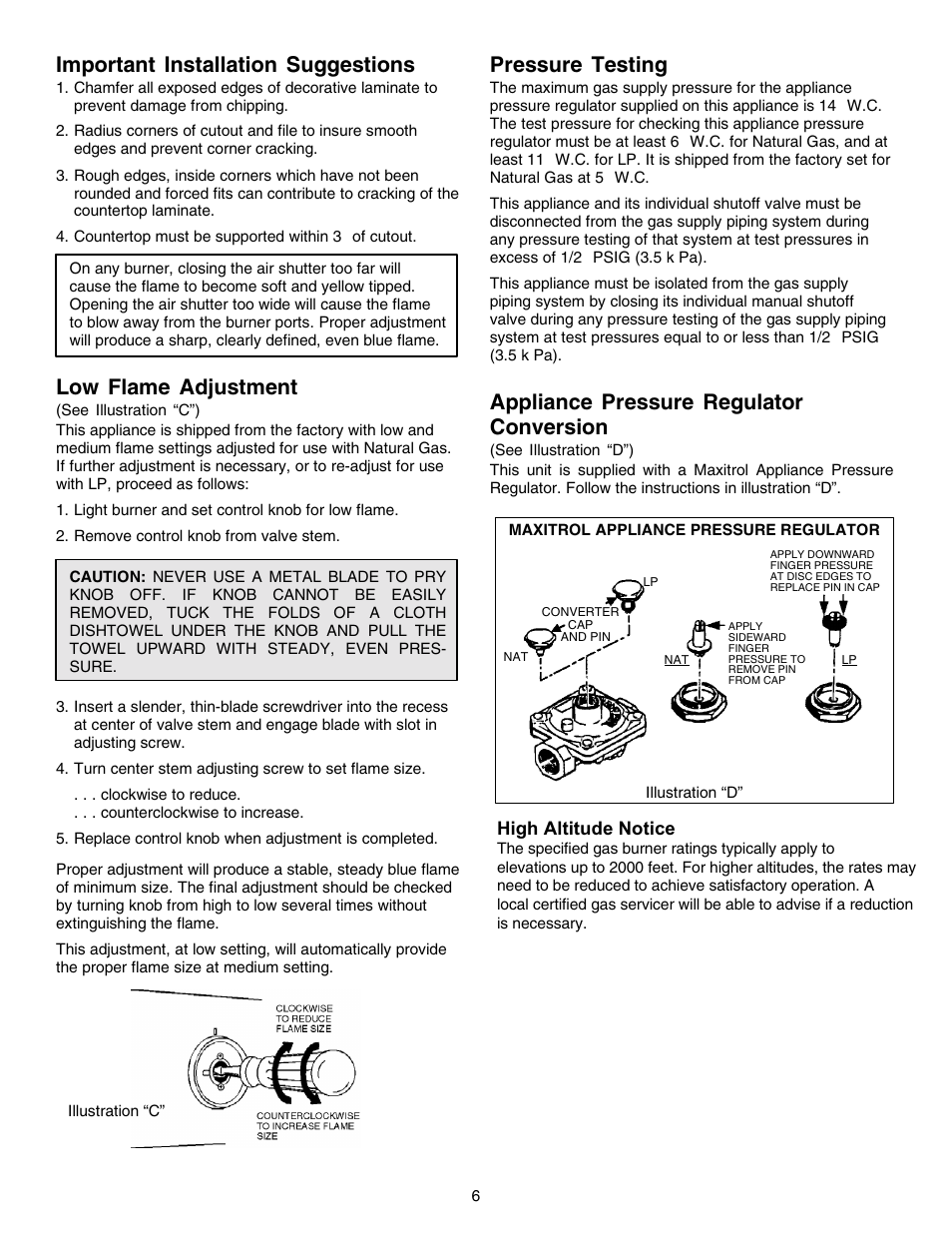 Important installation suggestions, Low flame adjustment, Pressure testing | Appliance pressure regulator conversion | Jenn-Air PROSTYLE JGD8348CDP User Manual | Page 6 / 36