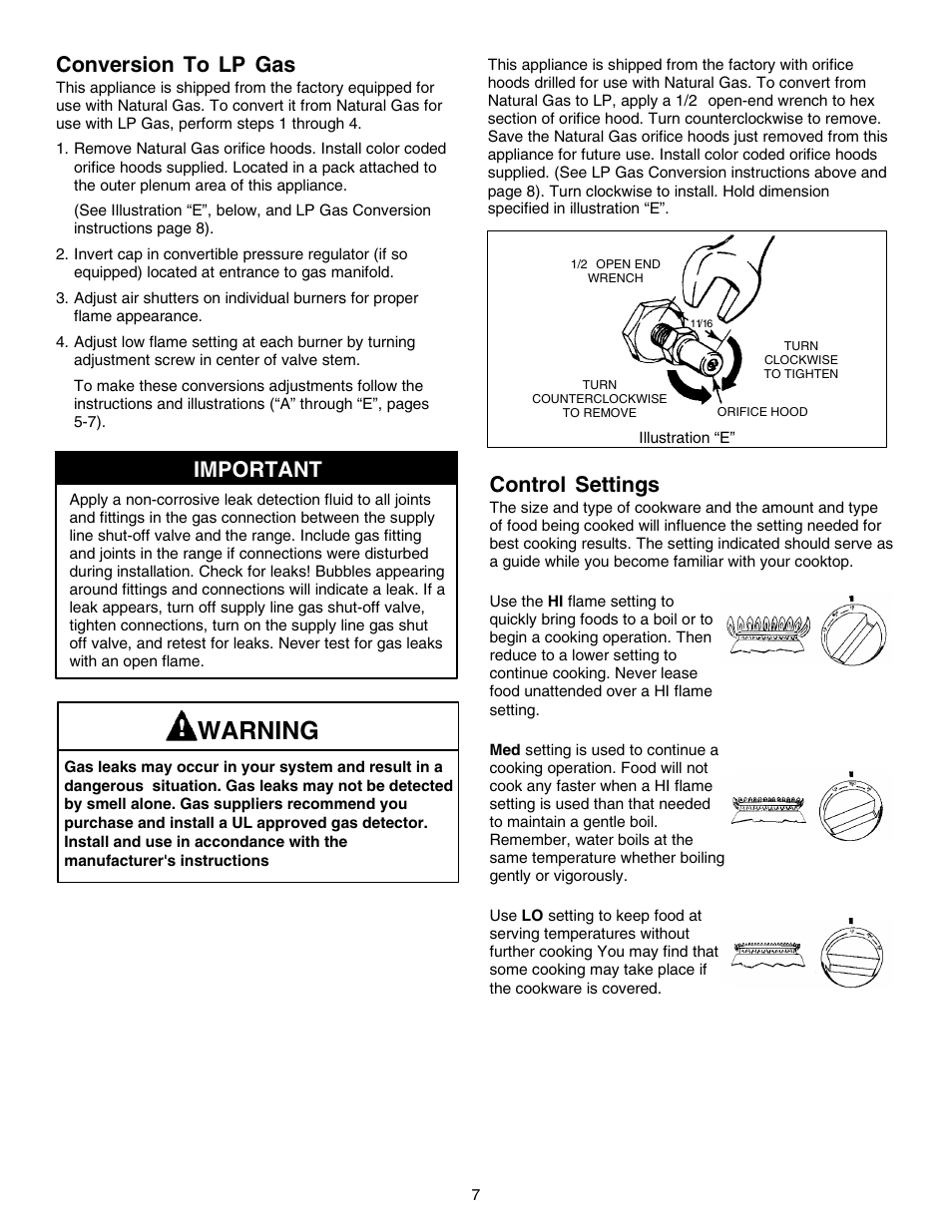 Warning, Conversion to lp gas, Important | Control settings | Jenn-Air PROSTYLE JGD8348CDP User Manual | Page 7 / 36