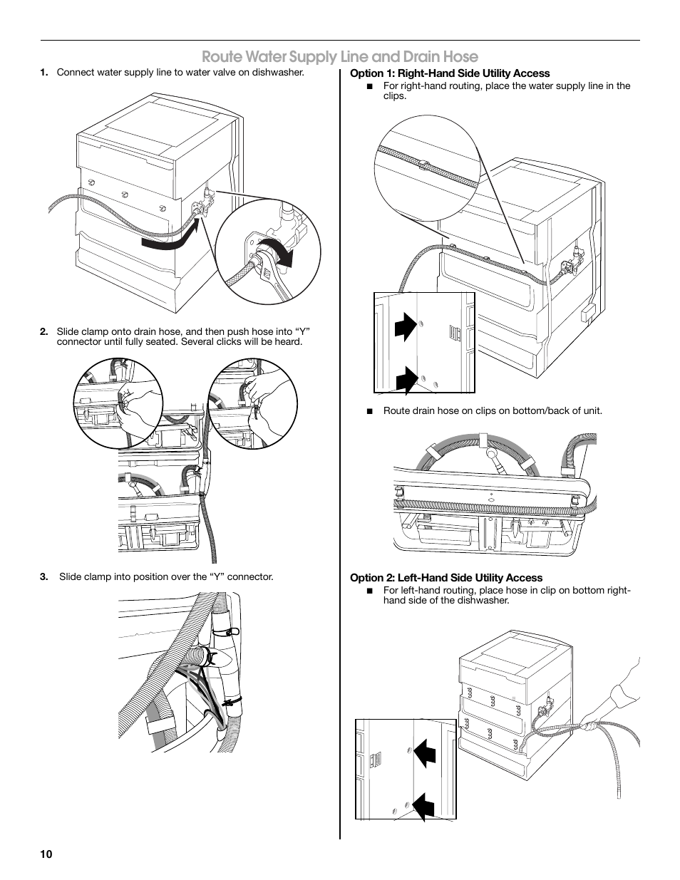 Route water supply line and drain hose | Jenn-Air W10300219A User Manual | Page 10 / 52