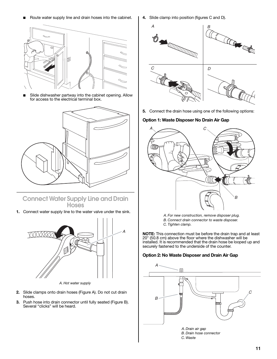 Connect water supply line and drain hoses | Jenn-Air W10300219A User Manual | Page 11 / 52