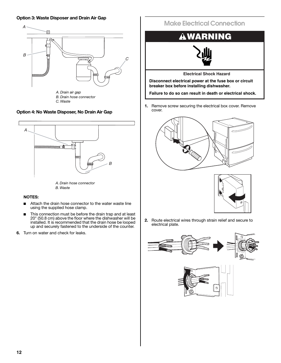 Warning, Make electrical connection | Jenn-Air W10300219A User Manual | Page 12 / 52