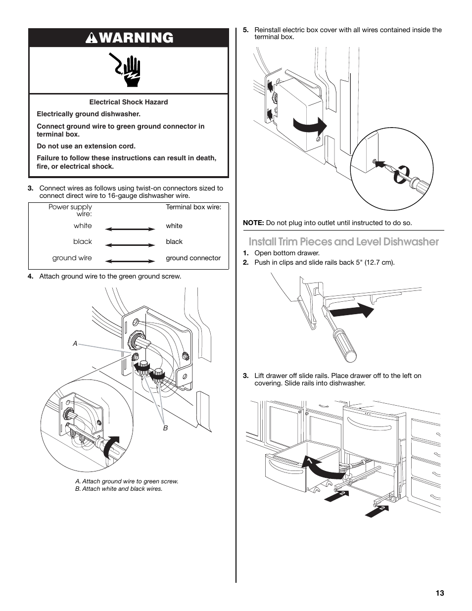 Warning, Install trim pieces and level dishwasher | Jenn-Air W10300219A User Manual | Page 13 / 52