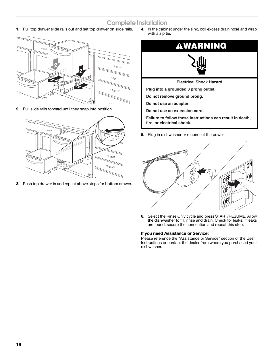 Warning, On off on off off, Complete installation | Jenn-Air W10300219A User Manual | Page 16 / 52