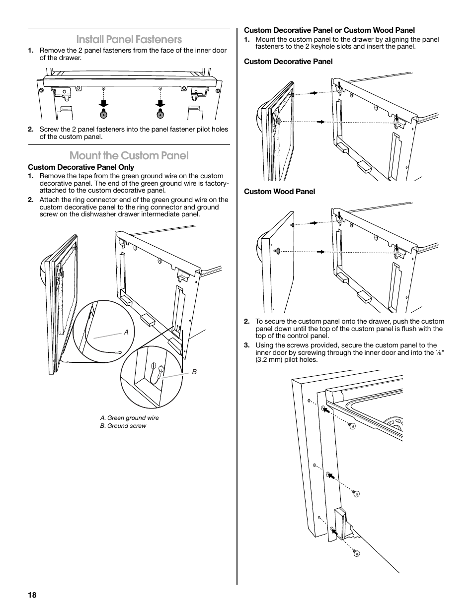 Install panel fasteners, Mount the custom panel | Jenn-Air W10300219A User Manual | Page 18 / 52