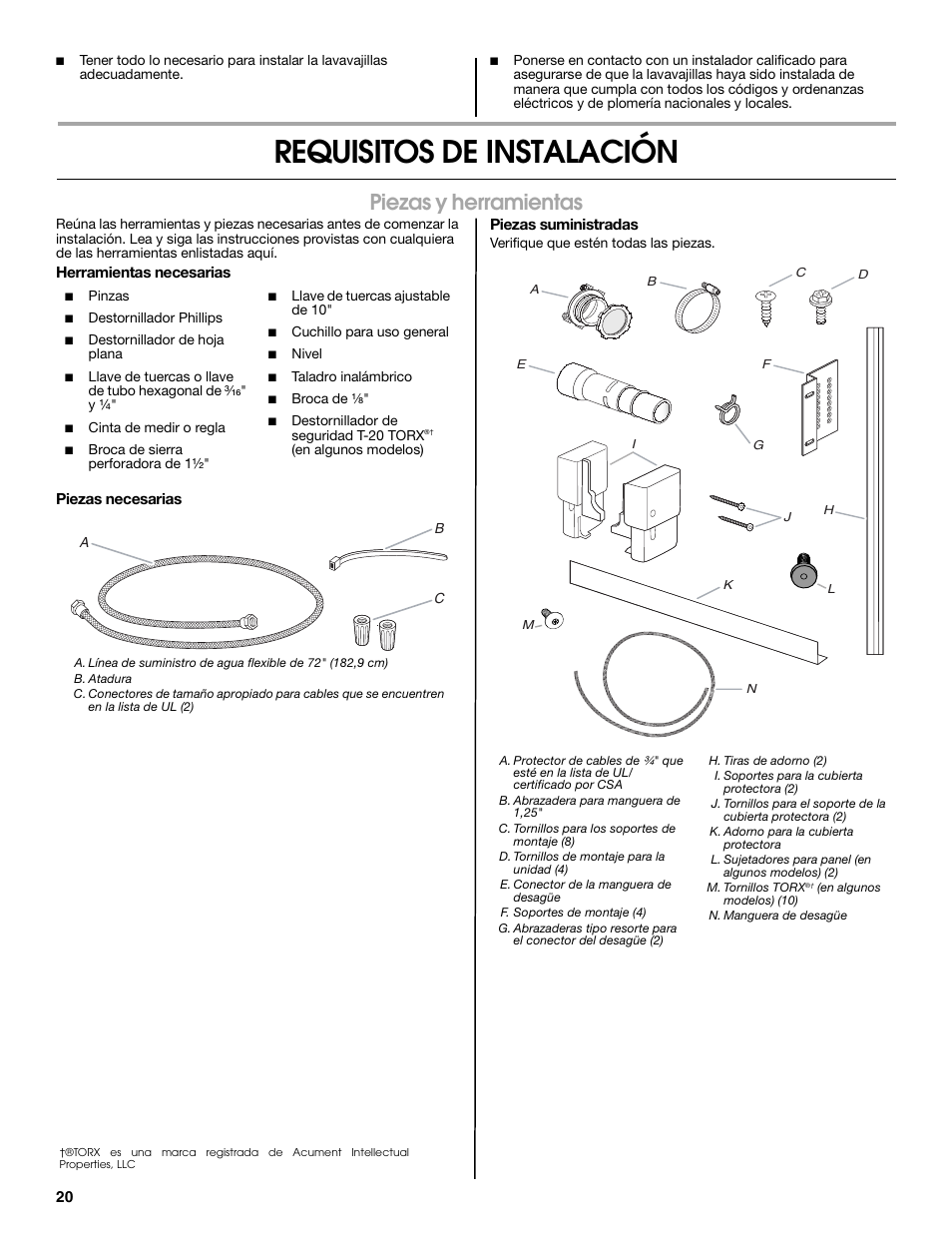 Requisitos de instalación, Piezas y herramientas | Jenn-Air W10300219A User Manual | Page 20 / 52