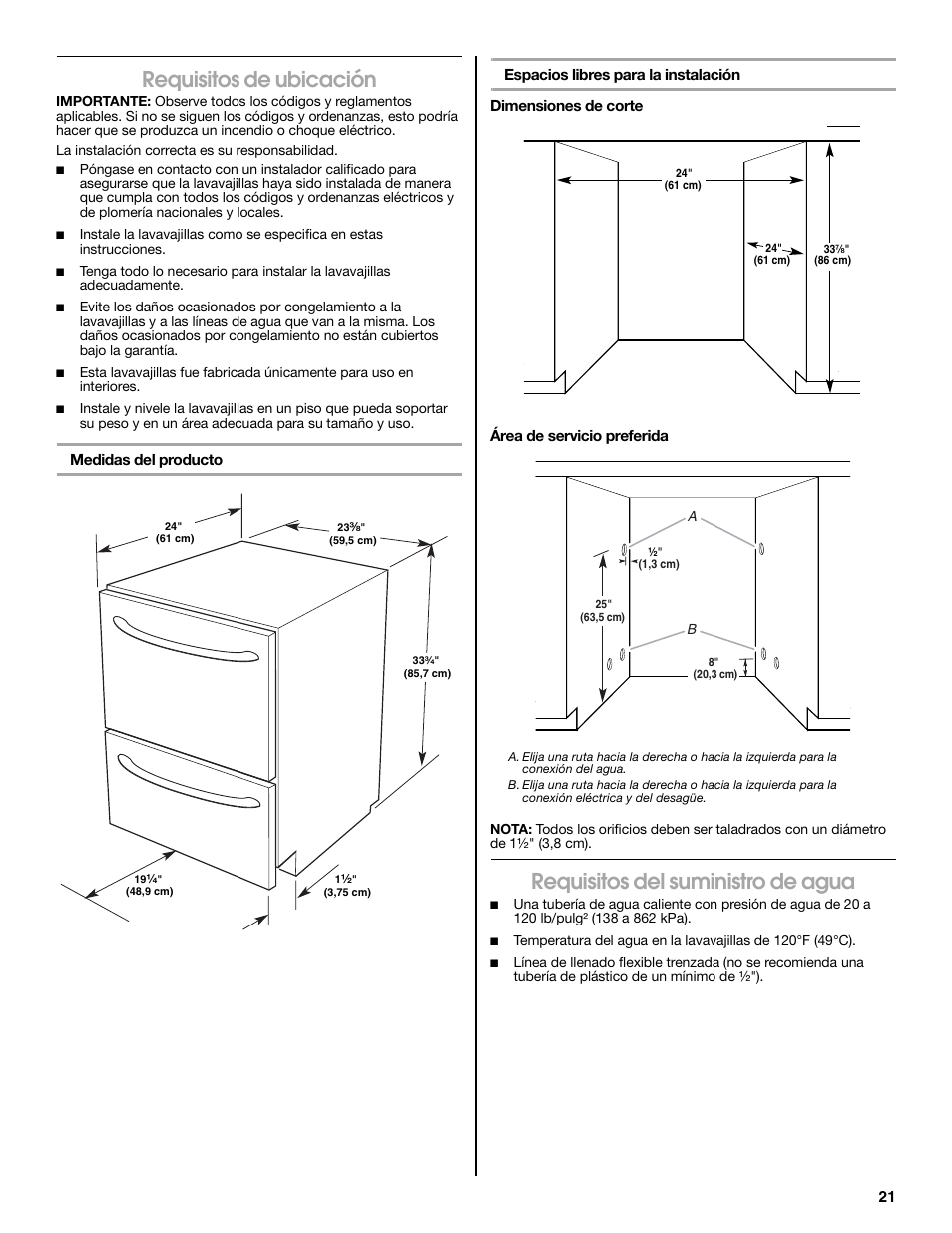 Requisitos de ubicación, Requisitos del suministro de agua | Jenn-Air W10300219A User Manual | Page 21 / 52