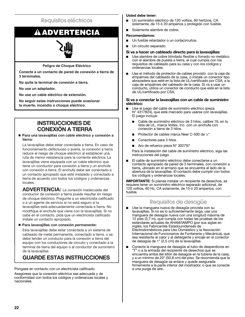 Advertencia, Requisitos eléctricos, Requisitos de desagüe | Jenn-Air W10300219A User Manual | Page 22 / 52