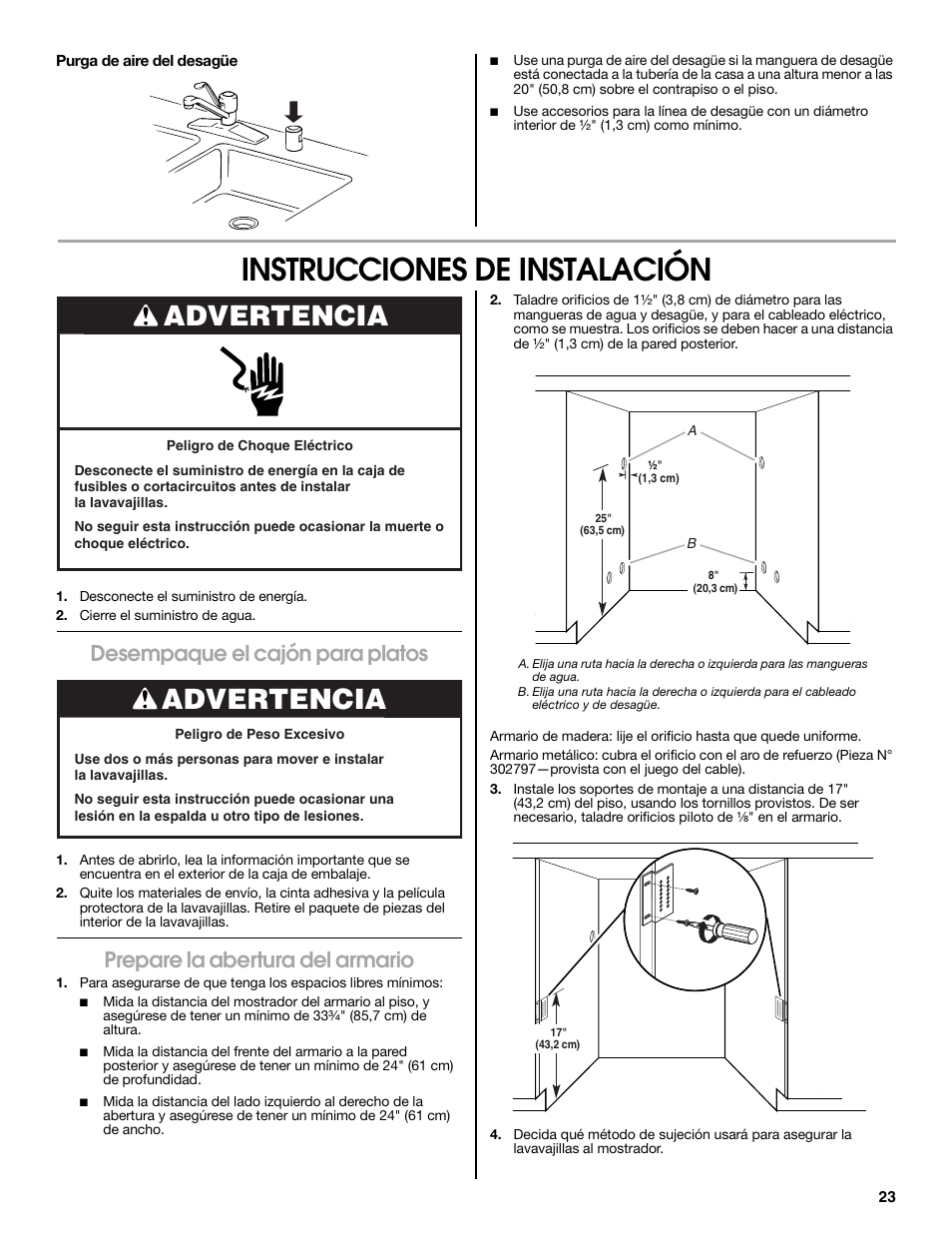 Instrucciones de instalación, Advertencia, Desempaque el cajón para platos | Prepare la abertura del armario | Jenn-Air W10300219A User Manual | Page 23 / 52