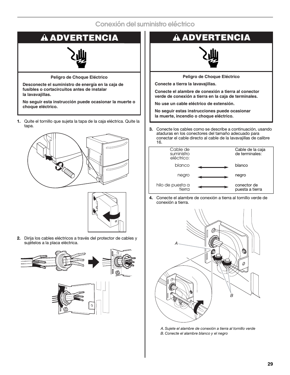 Advertencia, Conexión del suministro eléctrico | Jenn-Air W10300219A User Manual | Page 29 / 52